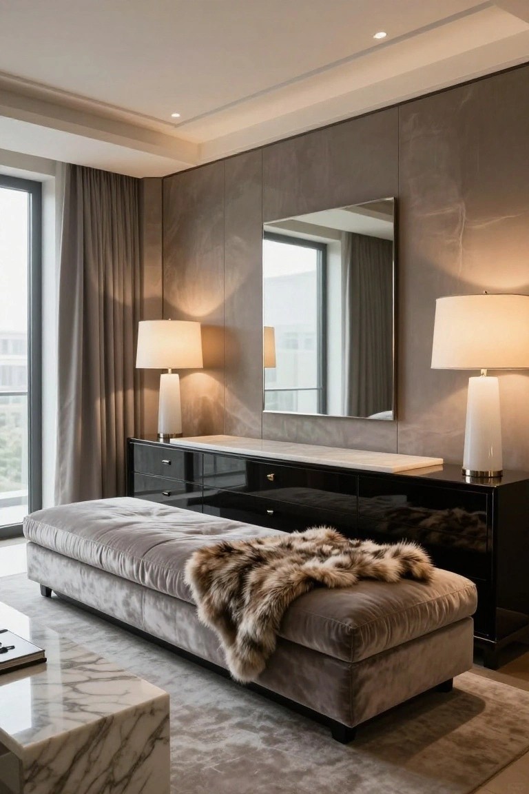 Modern bedroom corner with black lacquer dresser topped by white marble, flanked by tall white lamps and a large vertical mirror against gray textured walls, gray floor-to-ceiling curtains beside a window with city view, velvet bench with fur throw, and marble side table on light gray carpet.
