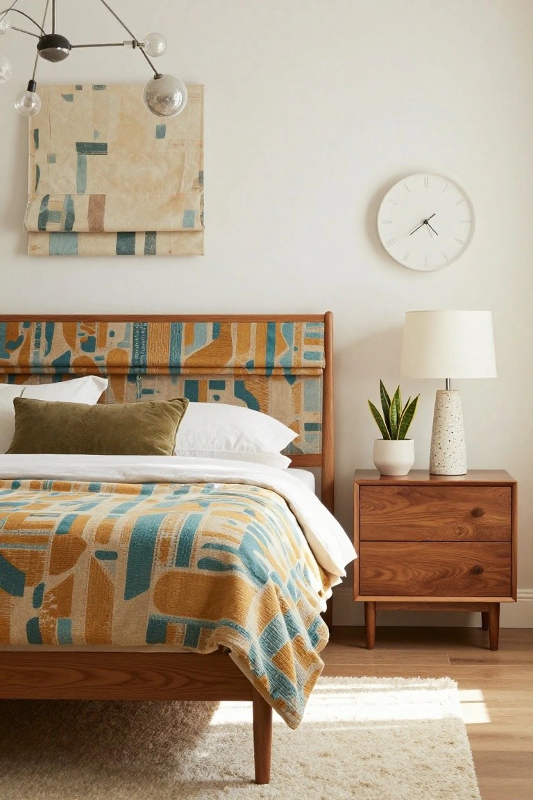 A cozy bedroom featuring a wooden bed with colorful geometric upholstered headboard and matching quilt, flanked by a wooden nightstand holding a lamp and potted snake plant, white walls with abstract fabric art above the bed, a wall clock, and a modern chandelier.
