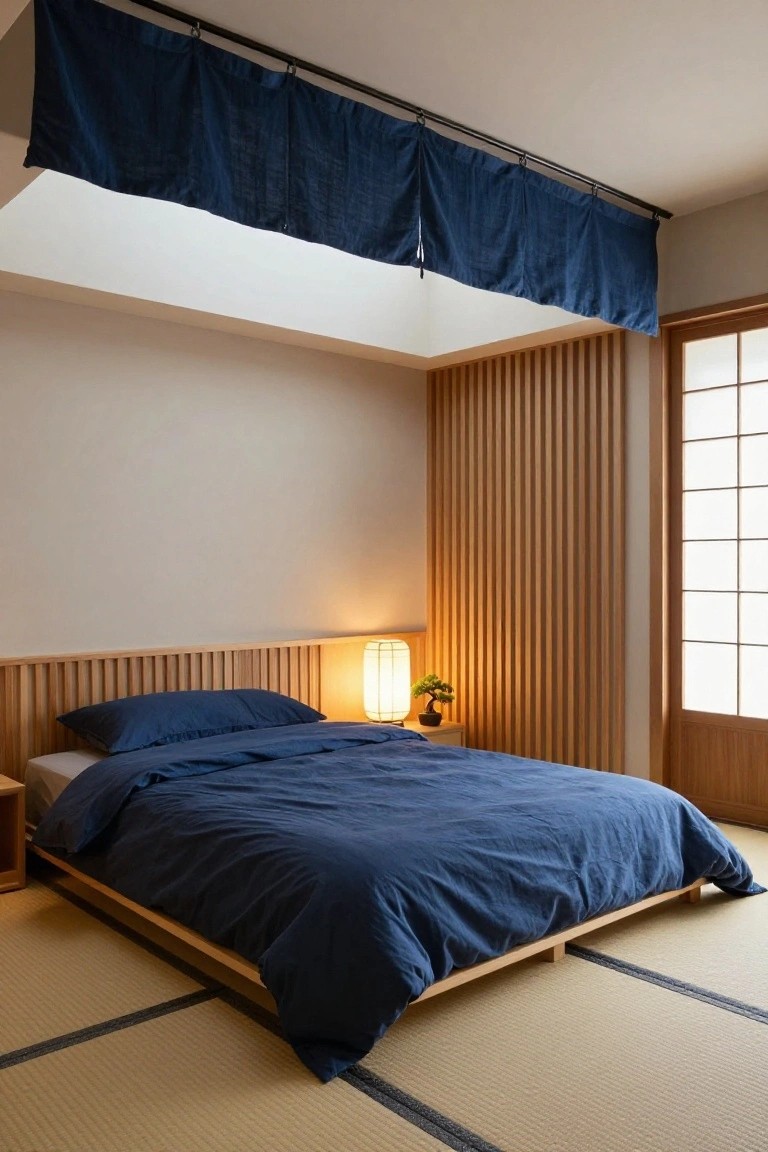 A Japanese-style bedroom with tatami flooring, low wooden platform bed covered in navy linens, deep blue curtains suspended from a ceiling track above the bed, slatted wooden headboard and walls, paper lantern light with bonsai plant, and shoji screen window.
