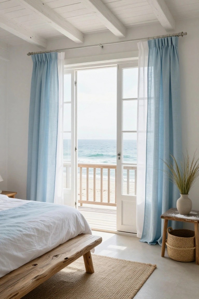 Bedroom with low wooden platform bed draped in white linens, blue and white sheer pleated curtains on open white French doors to wooden balcony overlooking ocean, potted tall grass on wooden side table, woven basket on floor.