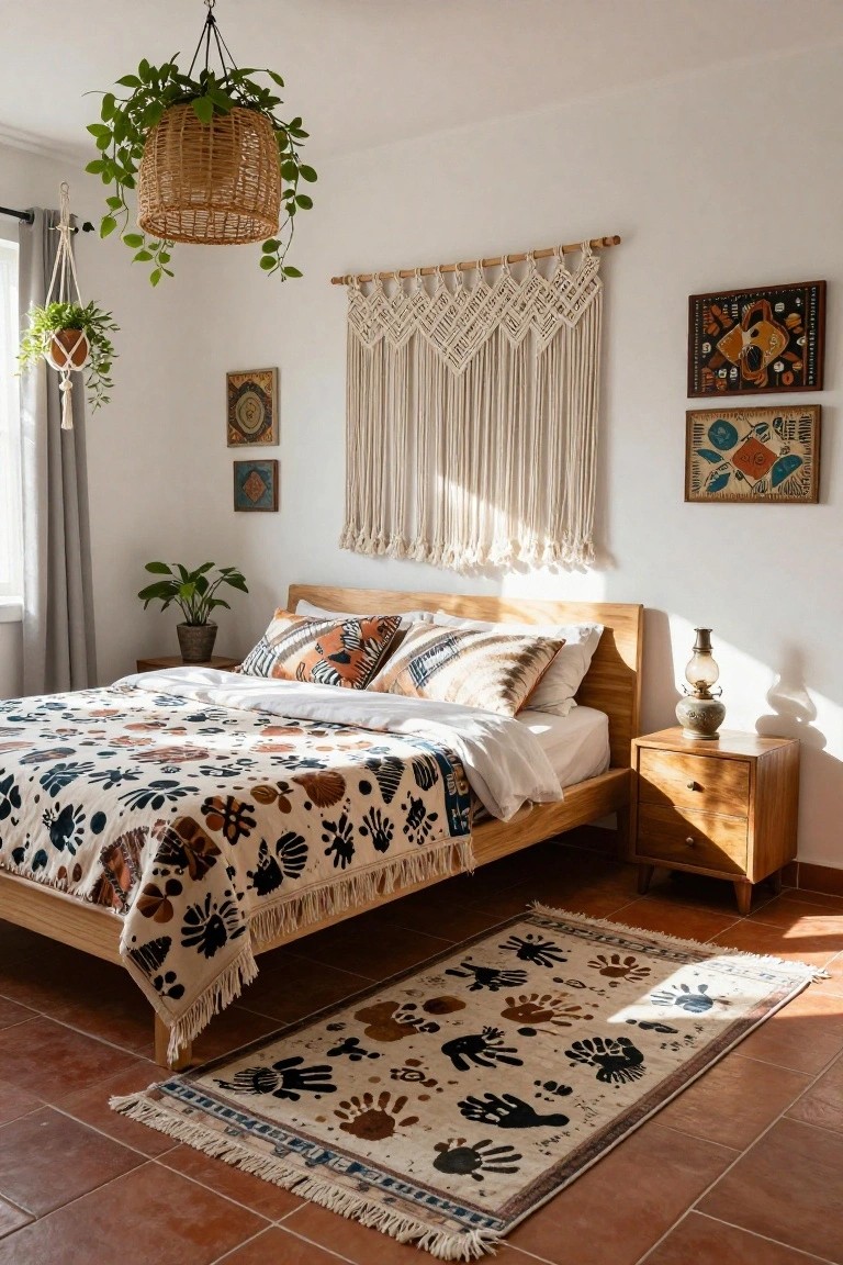 Bedroom with wooden bed frame and nightstand, patterned bedding and pillows, macrame wall hanging, hanging plants near sheer gray curtains on a large window, artwork on walls, potted plants, and handprint-patterned rug on terracotta tile floor.