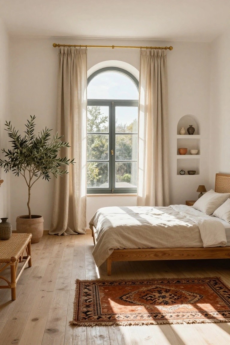Sunlit bedroom with arched window covered by light beige sheer curtains on gold rod, wooden bed with white linens, potted olive tree, rattan bench, and terracotta pots on wooden floor.