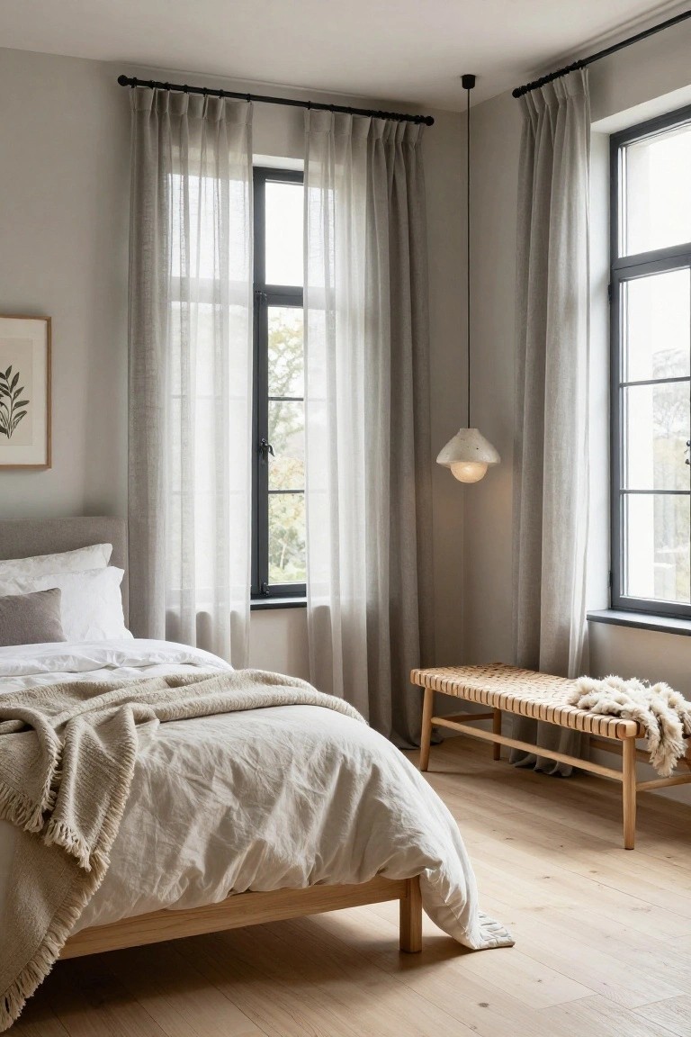 Bedroom corner showing a low wooden bed with white linens and throw, wicker bench with wool throw, sheer pleated curtains on black rods over two large black-framed windows, and a white pendant light.