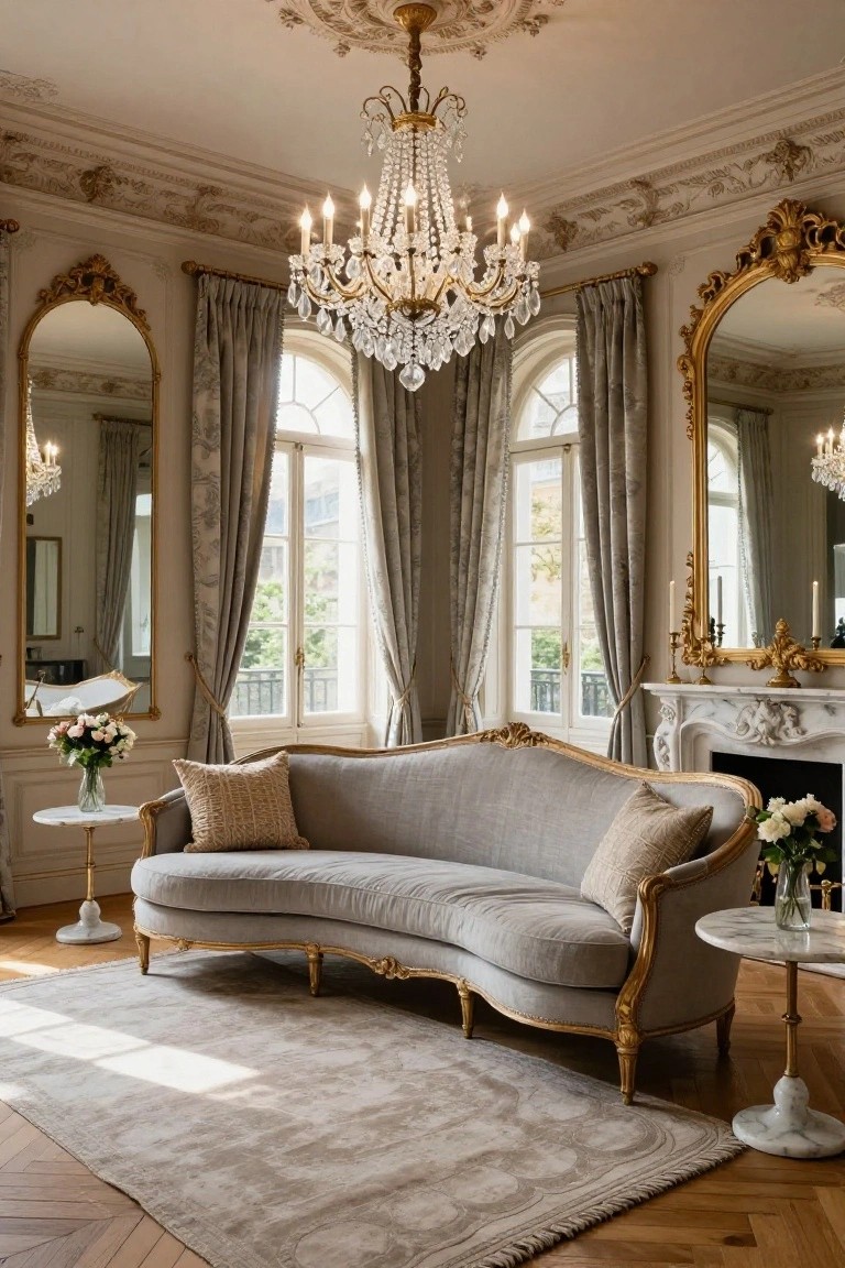 Light gray curved sofa with gold gilded arms and legs in a ornate living room with gilded mirrors, crystal chandelier, marble fireplace, side tables with flowers, tall windows with gray drapes, and parquet flooring.