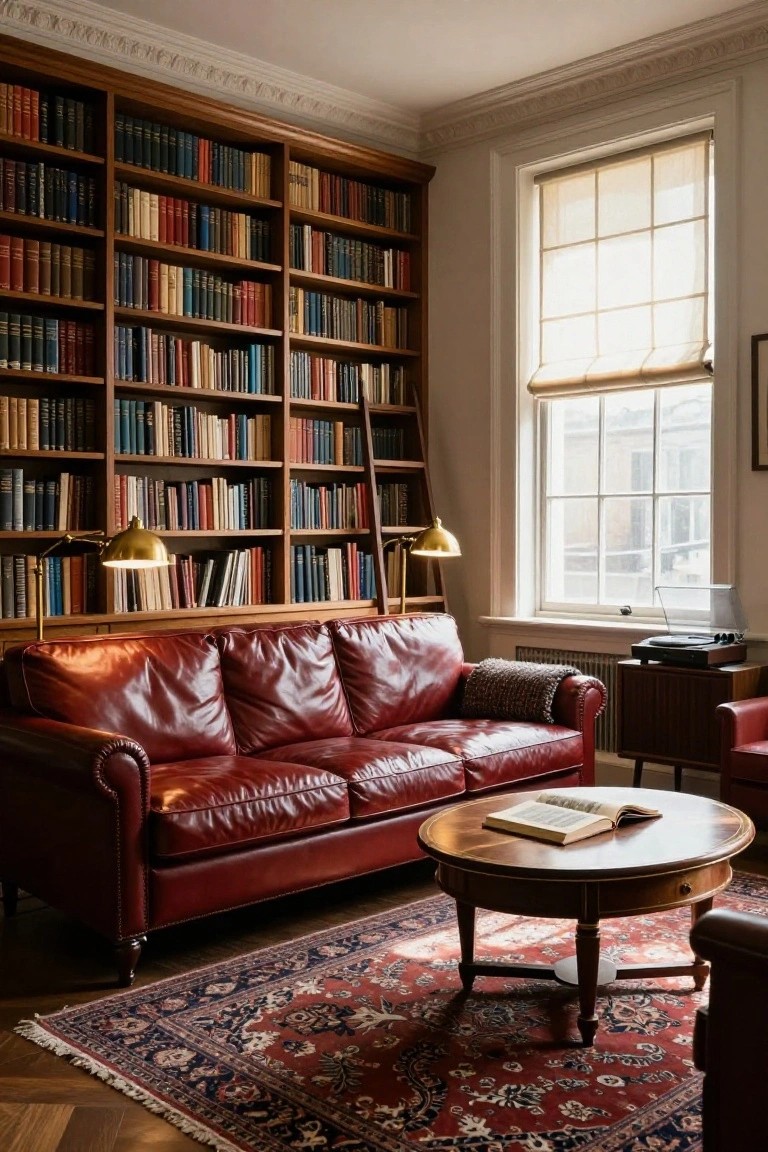 A living room with floor-to-ceiling wooden bookshelves filled with books, a red tufted leather sofa, a round wooden coffee table holding an open book, brass lamps, a record player cabinet, and a large window with sheer blinds.