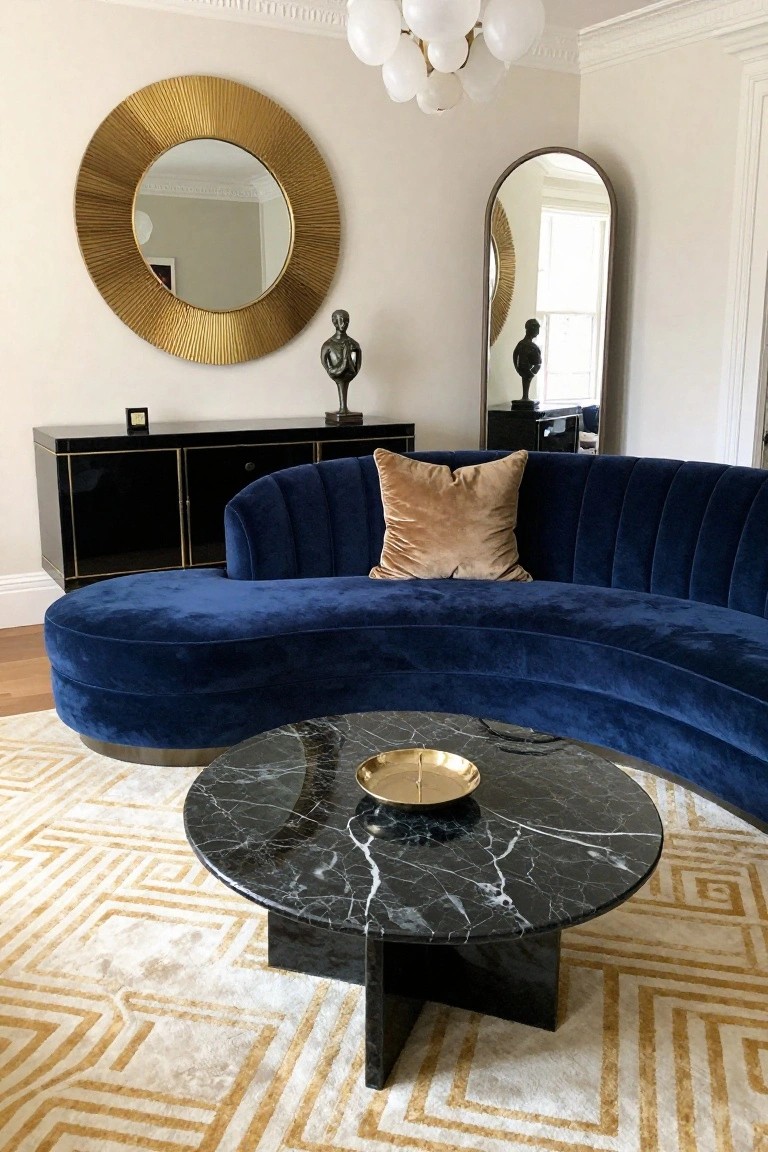 Curved Navy Velvet Sofa