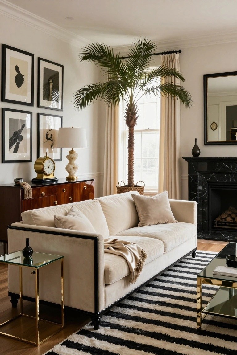 A cream-colored sofa with black frame sits on a black and white striped rug in a white-walled living room with a tall potted palm tree, wooden credenza, marble fireplace, and gold-accented furniture.
