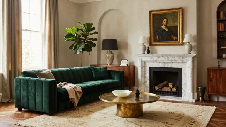 A living room with a green velvet tufted Chesterfield sofa in front of a marble fireplace, a brass coffee table holding a white bowl, a large portrait on the wall, bookshelves, and a potted plant near the window.