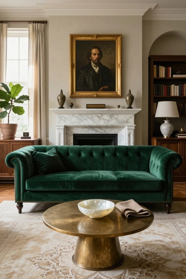 A living room with a green velvet tufted Chesterfield sofa in front of a marble fireplace, a brass coffee table holding a white bowl, a large portrait on the wall, bookshelves, and a potted plant near the window.