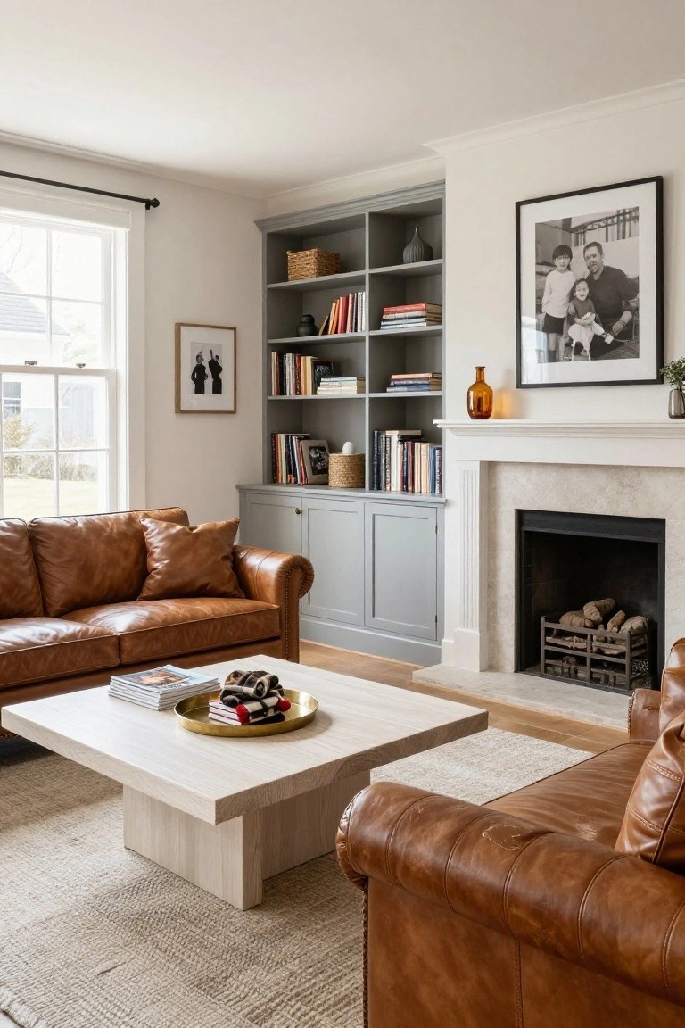 Living room with two tan tufted leather sofas facing a white marble fireplace flanked by gray built-in bookshelves, a white oak coffee table holding magazines and baseball gloves in the center, neutral rug, and windows overlooking grass.