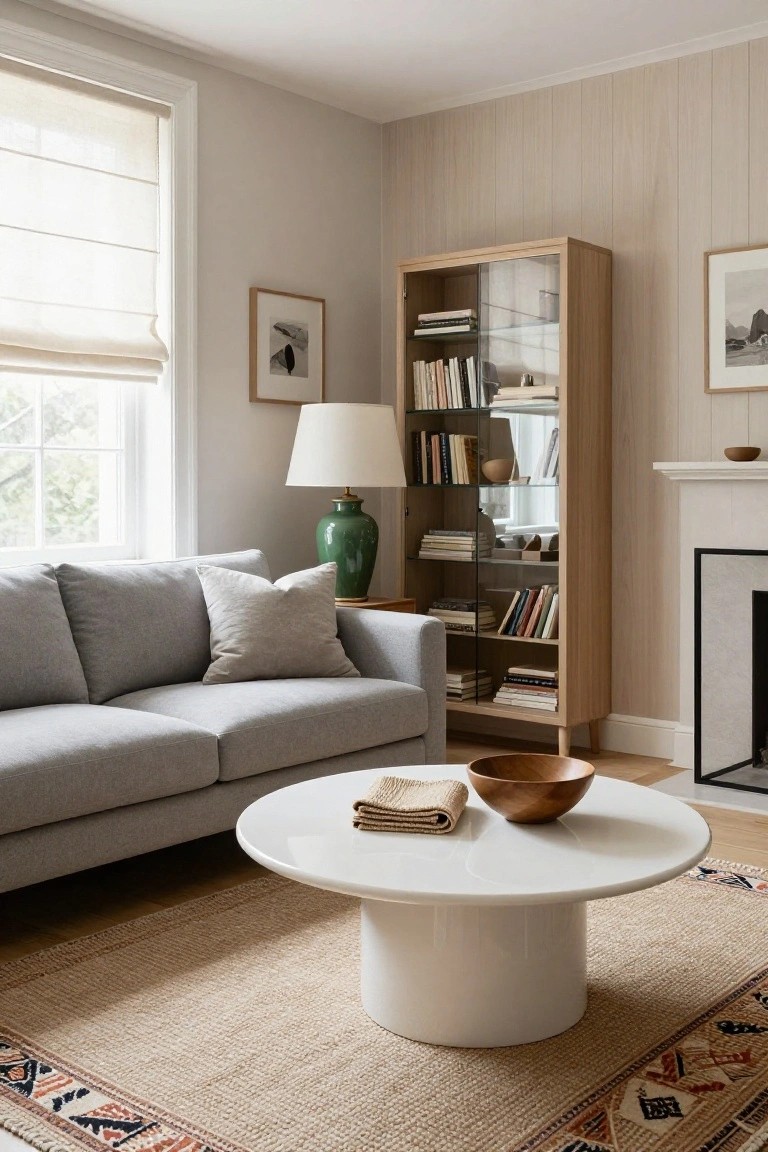 Light gray fabric sofa with one cream pillow on a beige rug next to white round coffee table holding beige throw and wooden bowl, wooden glass-door bookshelves, green lamp, and white fireplace in pale paneled room with sheer window blinds.