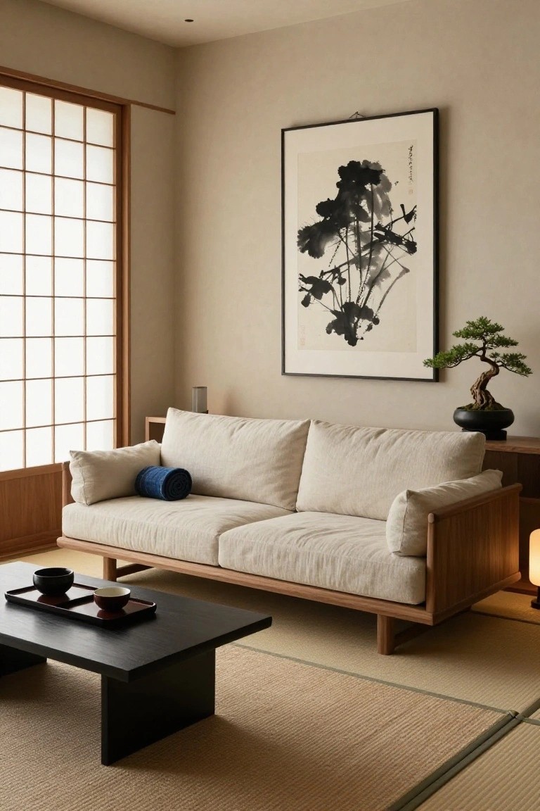 A minimalist Japanese-style living room with a low cream linen sofa on a wooden frame, blue throw pillow, black rectangular coffee table holding a tray with cups, bonsai plant on a shelf, large ink painting on wall, and shoji screen window.