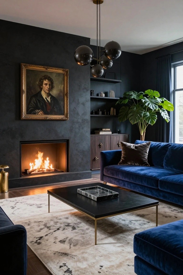 Modern living room with navy blue velvet L-shaped sofa and matching ottoman on light rug, black textured accent wall with built-in fireplace, dark wood cabinetry, gold side table, large potted plant, and black pendant light.