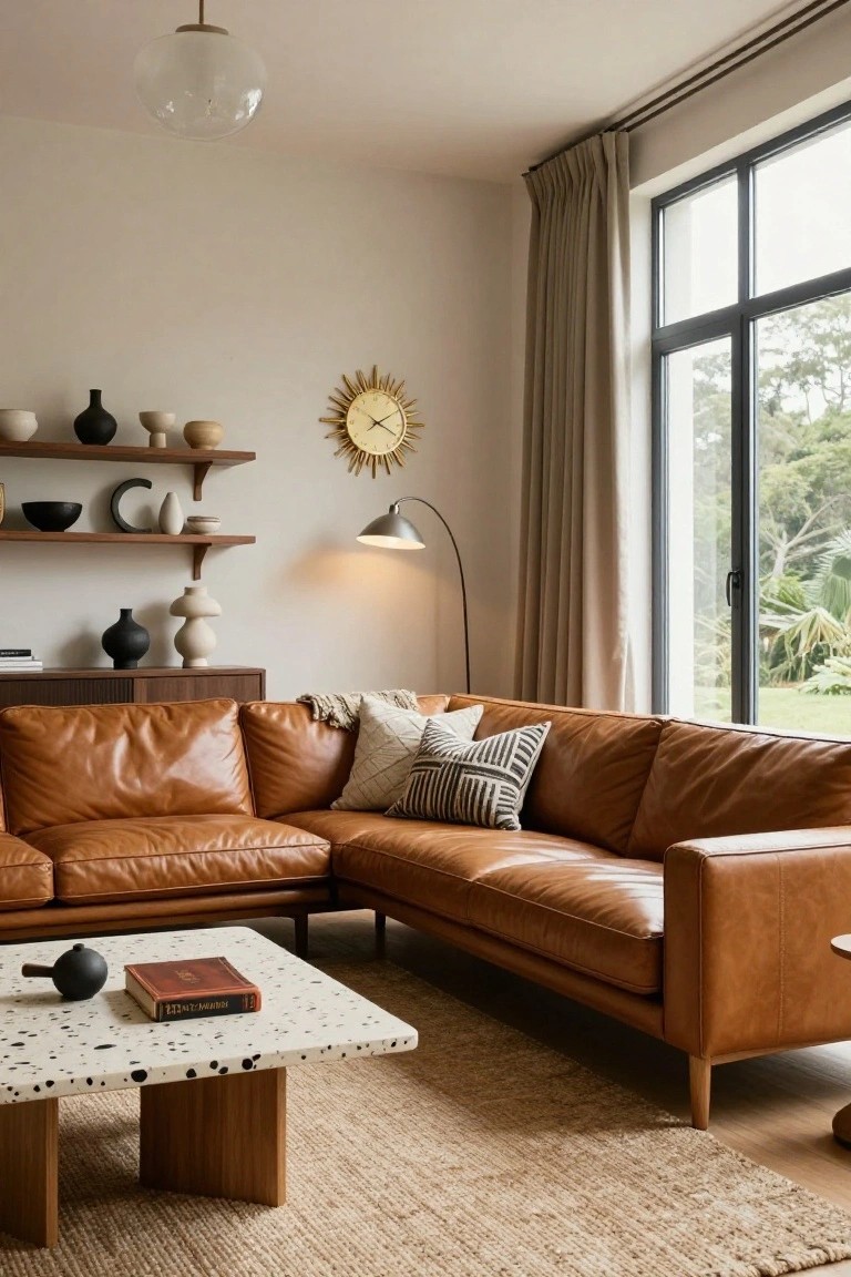 Modern living room with tan leather L-shaped sectional sofa, speckled white coffee table on wood legs, neutral shelves with ceramics, arc floor lamp, and large window with beige curtains overlooking greenery.