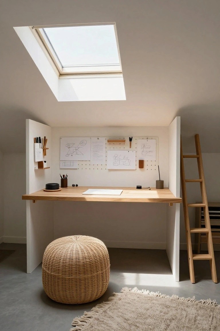 Compact attic office space featuring a wall-mounted wooden desk, overhead skylight, wooden ladder against the wall, rattan pouf stool, organized wall panels with sketches and tools, and a small rug on the concrete floor.