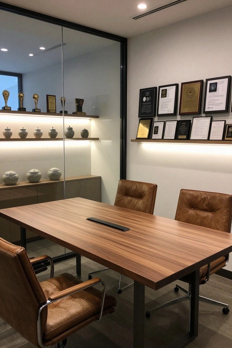 Glass-walled office meeting room with wooden conference table, four leather chairs, backlit shelves displaying awards, trophies, plaques, and ceramic jars on neutral walls.