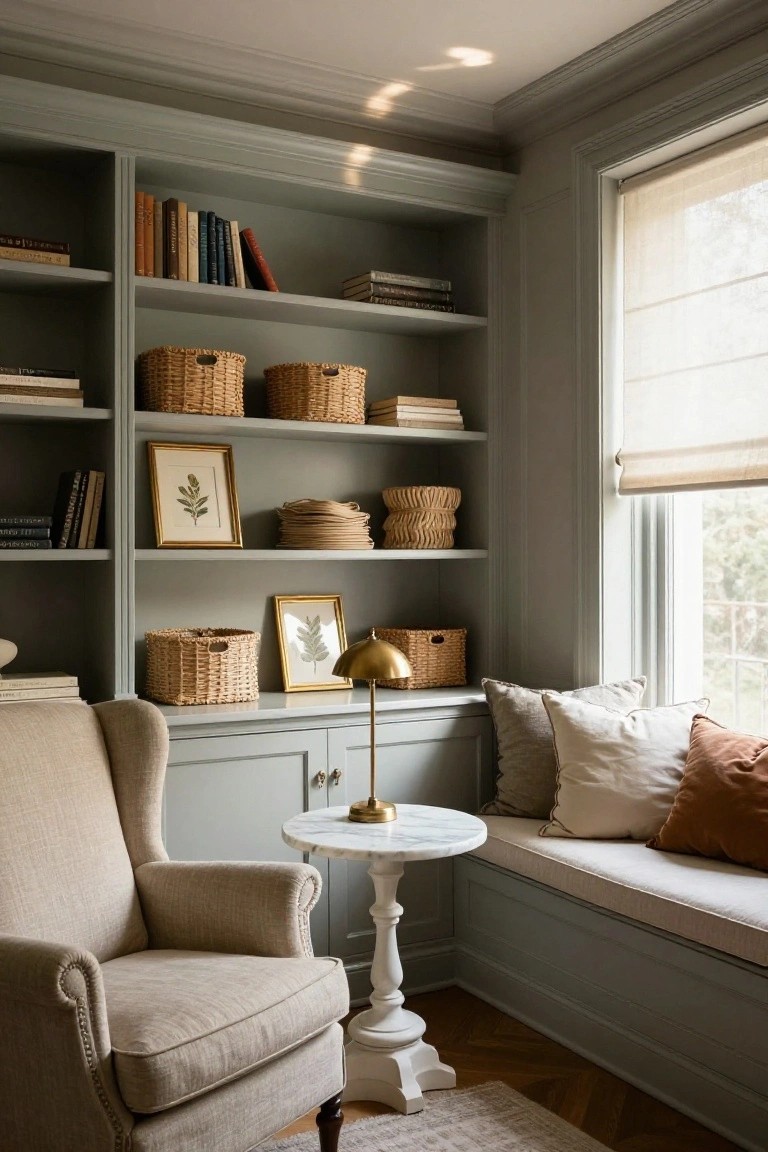 Corner of a room with gray built-in bookshelves and cabinets holding books, wicker baskets, and framed botanical art, beside a beige wingback chair, white marble side table, and cushioned window bench with pillows next to a large window with sheer shades.