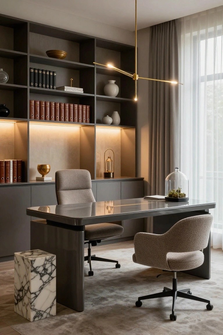 Modern home office with dark grey built-in shelving and cabinets displaying books, vases, and decor, a matching grey desk with two upholstered chairs, a marble stool, and a large window with sheer curtains.