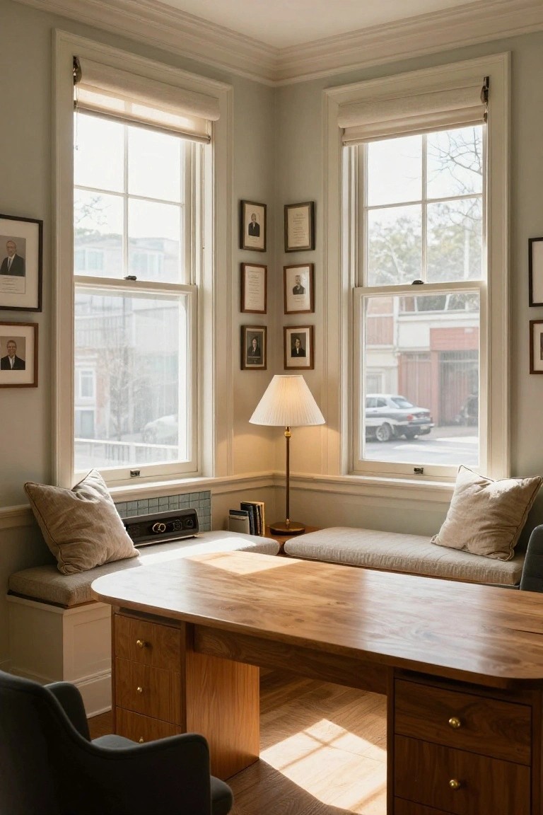 Bright corner office with large windows on two walls, curved wooden desk, built-in upholstered benches with pillows, floor lamp, framed photos, and street view outside.