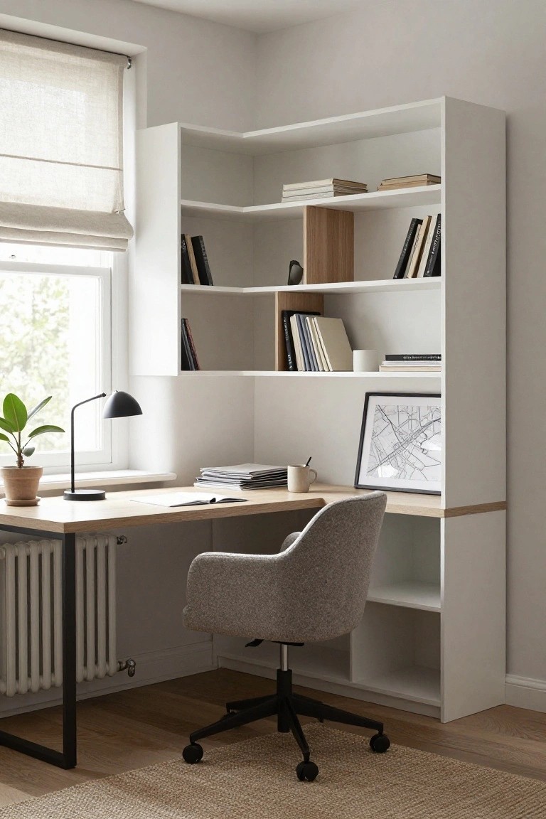 White L-shaped shelving unit integrated with wooden-top desk in a bright corner home office, with grey swivel chair, desk lamp, potted plant, books, papers, and map artwork.