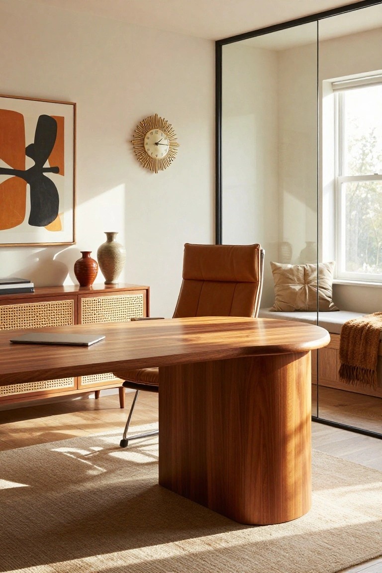 Contemporary office with curved wooden desk, tan leather executive chair, rattan-front credenza holding vases, abstract orange and black wall art, gold sunburst clock, cushioned bench by glass partition, and window light.