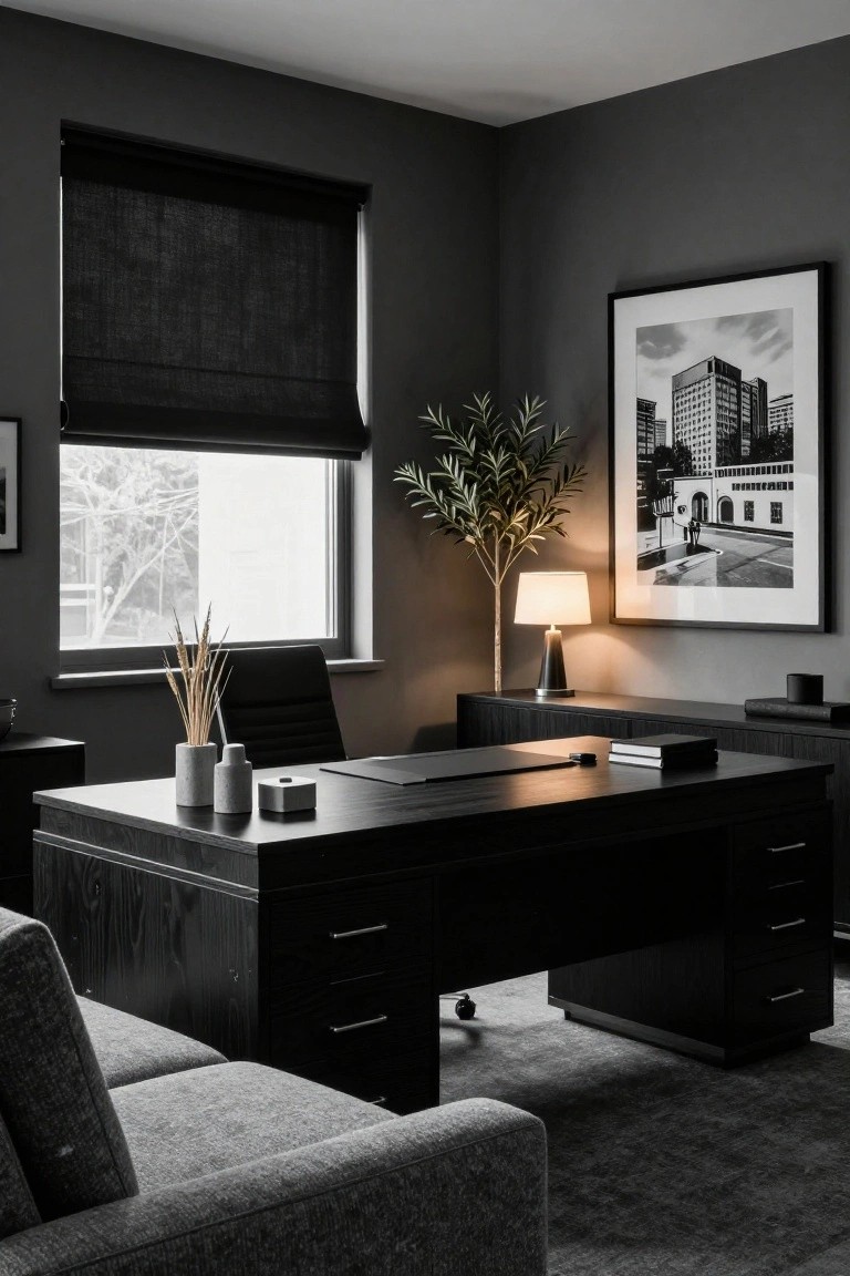 Modern office interior with large black wooden desk and drawers, black office chair, matching credenza holding lamp and olive tree plant, grey walls, black roller blinds on window, and large framed black-and-white city photo.
