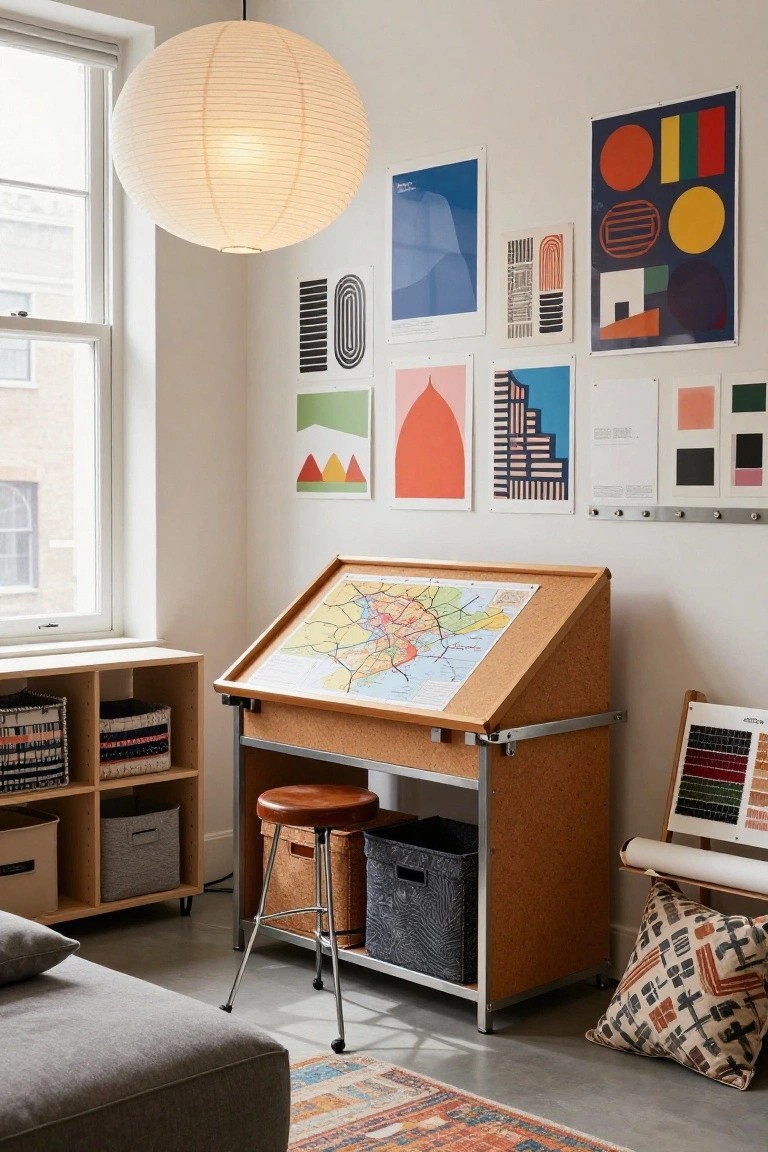 Home office interior with a wooden drafting table desk angled over a subway map, flanked by open shelves with storage bins, abstract art prints on white walls, a paper lantern hanging light, and a stool nearby.