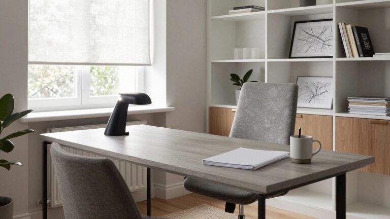 White L-shaped shelving unit integrated with wooden-top desk in a bright corner home office, with grey swivel chair, desk lamp, potted plant, books, papers, and map artwork.