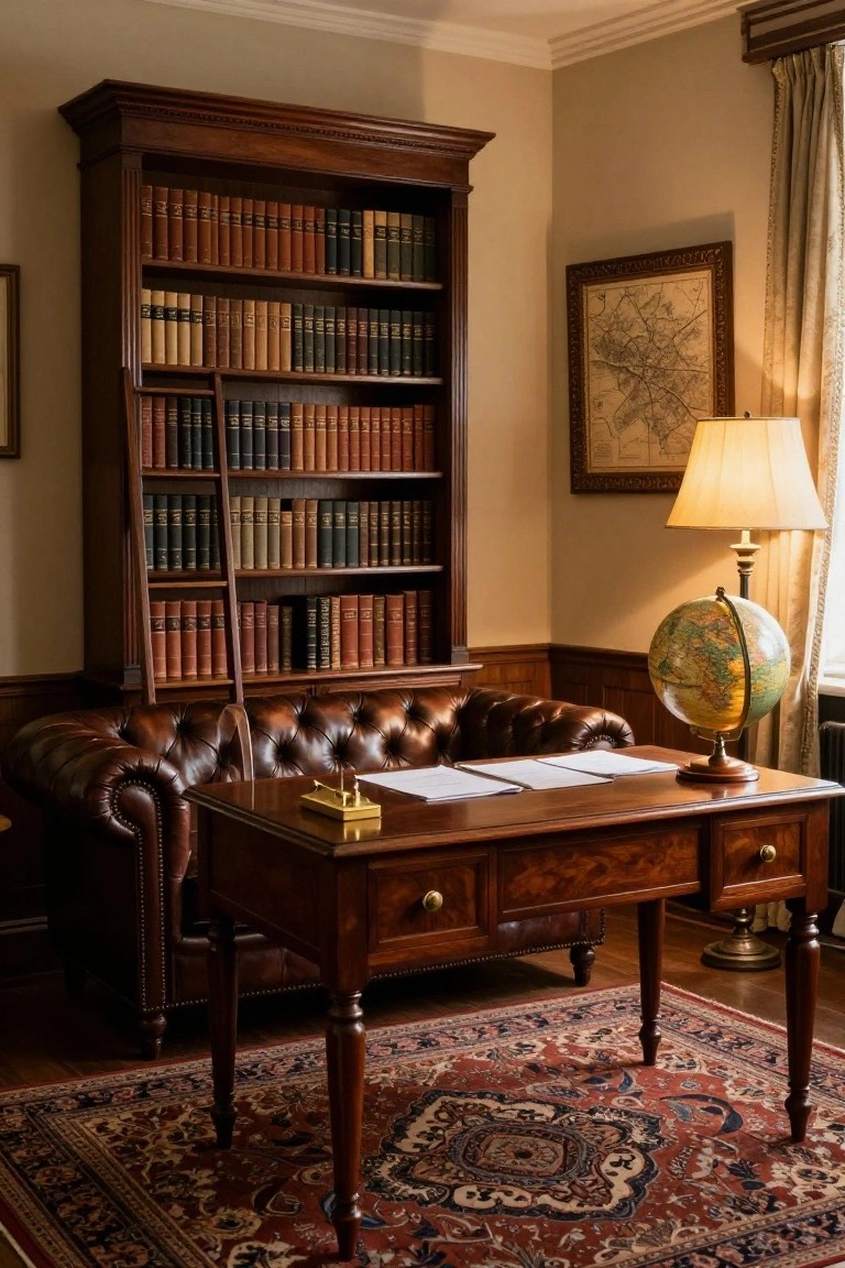 A traditional office interior with tall wooden bookshelves featuring a ladder, a brown leather Chesterfield sofa, wooden desk with papers and brass desk set, globe lamp, and Persian rug on wood floor.