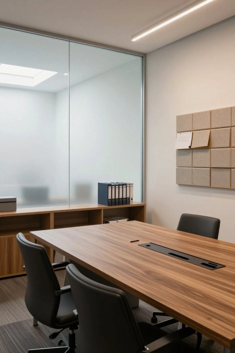 Modern office room with frosted glass walls, rectangular light wood conference table with cable management slot, four black leather swivel chairs, built-in wooden cabinets holding blue binders, fabric pinboard wall, and neutral carpet flooring.