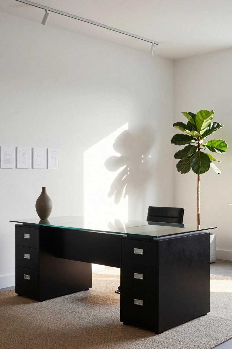 Minimalist office interior featuring a black glass-topped desk with drawers on a white wall, a leather office chair, ceramic vase on the desk, tall potted ficus plant, abstract white-framed art, and track lighting with sunlight streaming in.