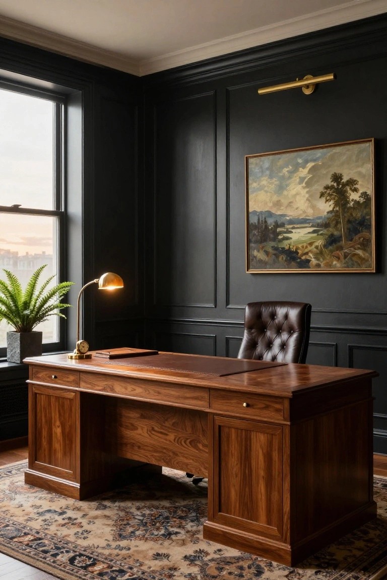 Corner home office with dark paneled walls, large walnut executive desk topped with leather blotter, tufted brown leather desk chair, gold adjustable desk lamp, potted fern, brass clock, landscape painting, window view, and patterned rug on wood floor.
