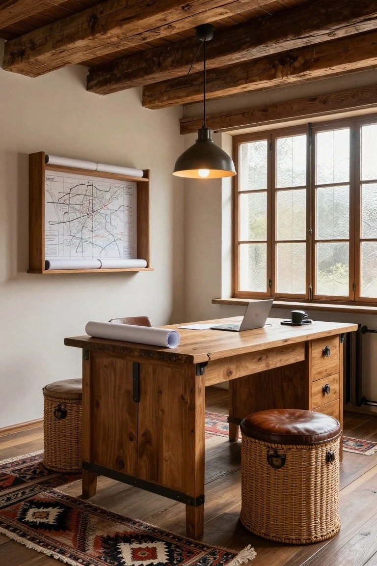 Wooden office desk with metal brackets and drawers, holding a laptop, coffee cup, and rolled blueprints, next to wicker stools on a patterned rug in a room with exposed beams and a large window.