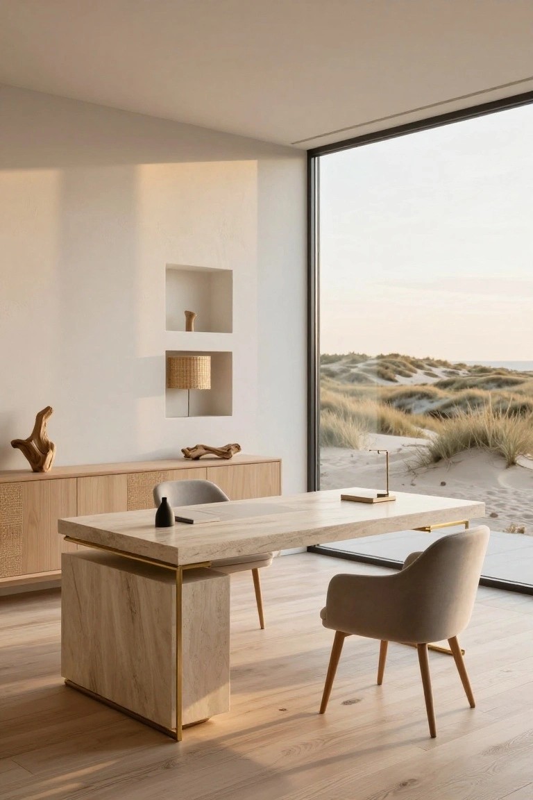 Modern minimalist office with light wood credenza, gray upholstered chair, stone-top desk on brass legs, and large window showing sand dunes outside.