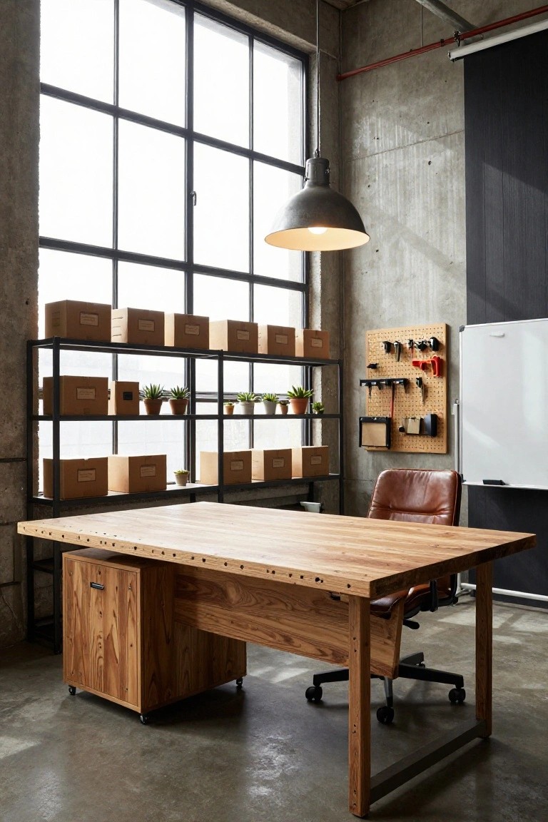 Industrial office with large wooden desk on metal frame, metal shelving holding cardboard boxes and plants, pegboard tool organizer, leather chair, whiteboard, and large metal-framed windows.