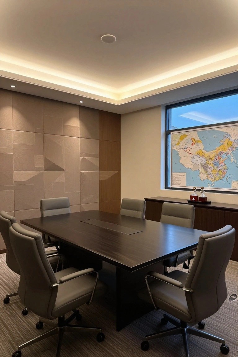Modern office with dark wood conference table surrounded by gray leather chairs, geometric beige textured wall panels on one side, a large framed world map beside a window, and a sideboard with glass decanters.