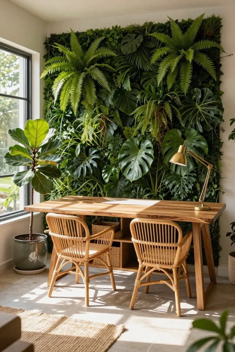A bright corner home office with a tall vertical green wall of tropical plants including monstera and ferns behind a light wooden desk with two rattan chairs, a gold desk lamp, potted fiddle leaf fig, and large window.