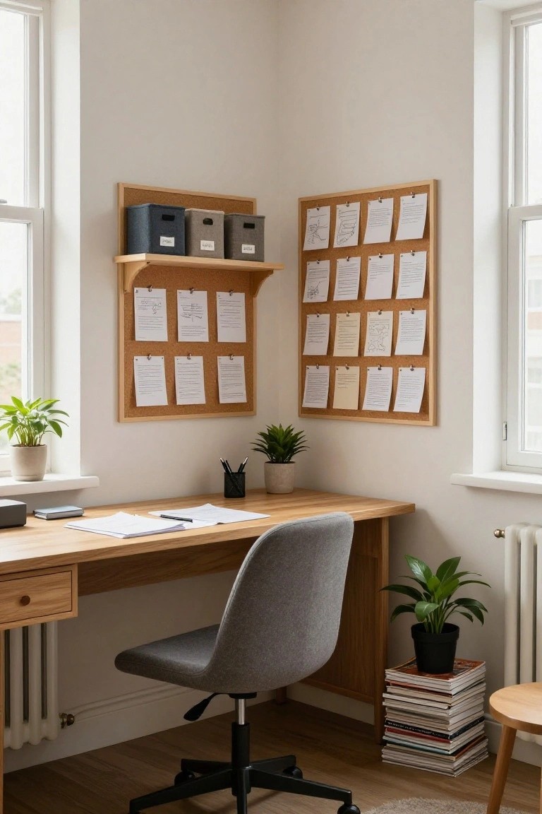 Corner office setup featuring a light wood desk with gray swivel chair, two framed corkboards pinned with papers on adjacent walls, wooden shelves with storage boxes above one board, potted plants, and large windows.