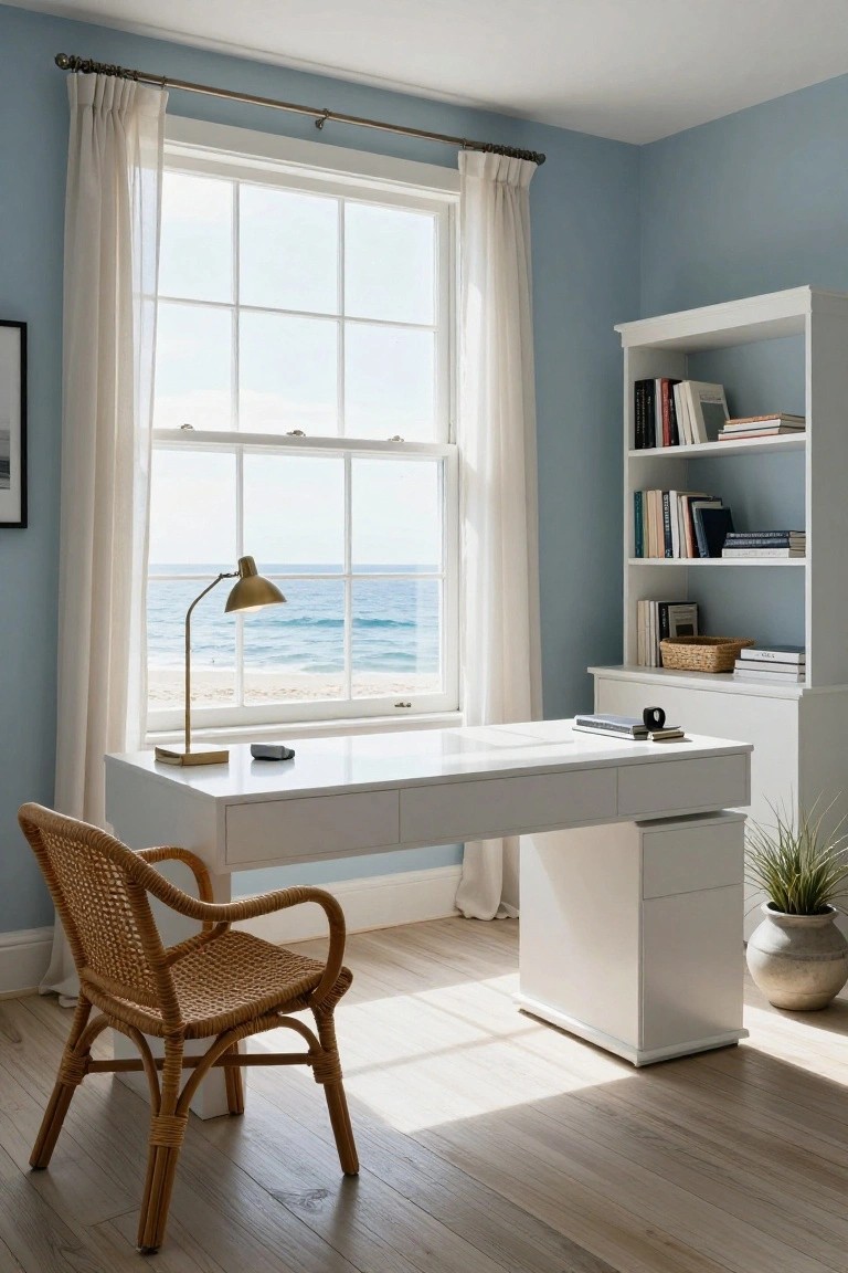 Light blue home office with white desk positioned next to large window overlooking ocean and beach, rattan chair, white bookcase with books, desk lamp, and potted plant on wood floor.