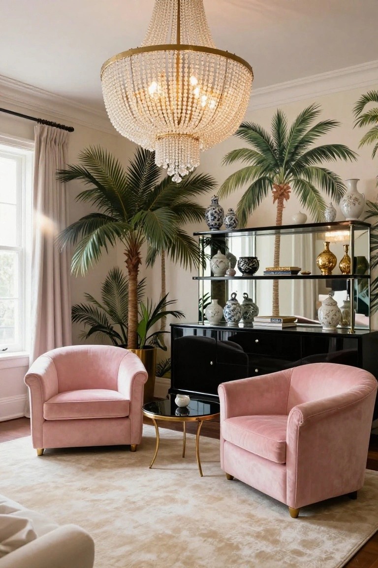 A living room with a large gold-framed beaded chandelier above two pink velvet armchairs, palm tree wallpaper on walls, a black credenza displaying ceramics, potted palms, and a gold side table on a cream rug.