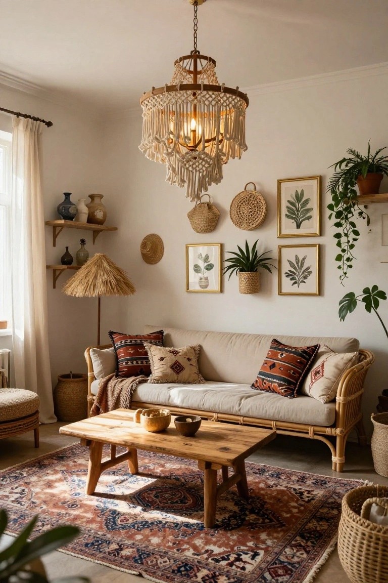 A living room with a large fringed macramé chandelier hanging above a beige rattan sofa, wooden coffee table, plants in woven baskets, framed botanical prints, and a colorful patterned rug.