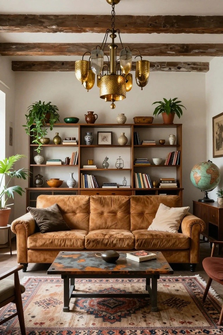 Cozy living room with exposed wooden beams, a brass chandelier with hammered shades over a tan tufted sofa, wooden bookshelves filled with books ceramics and plants, a globe, low coffee table, and patterned rug.