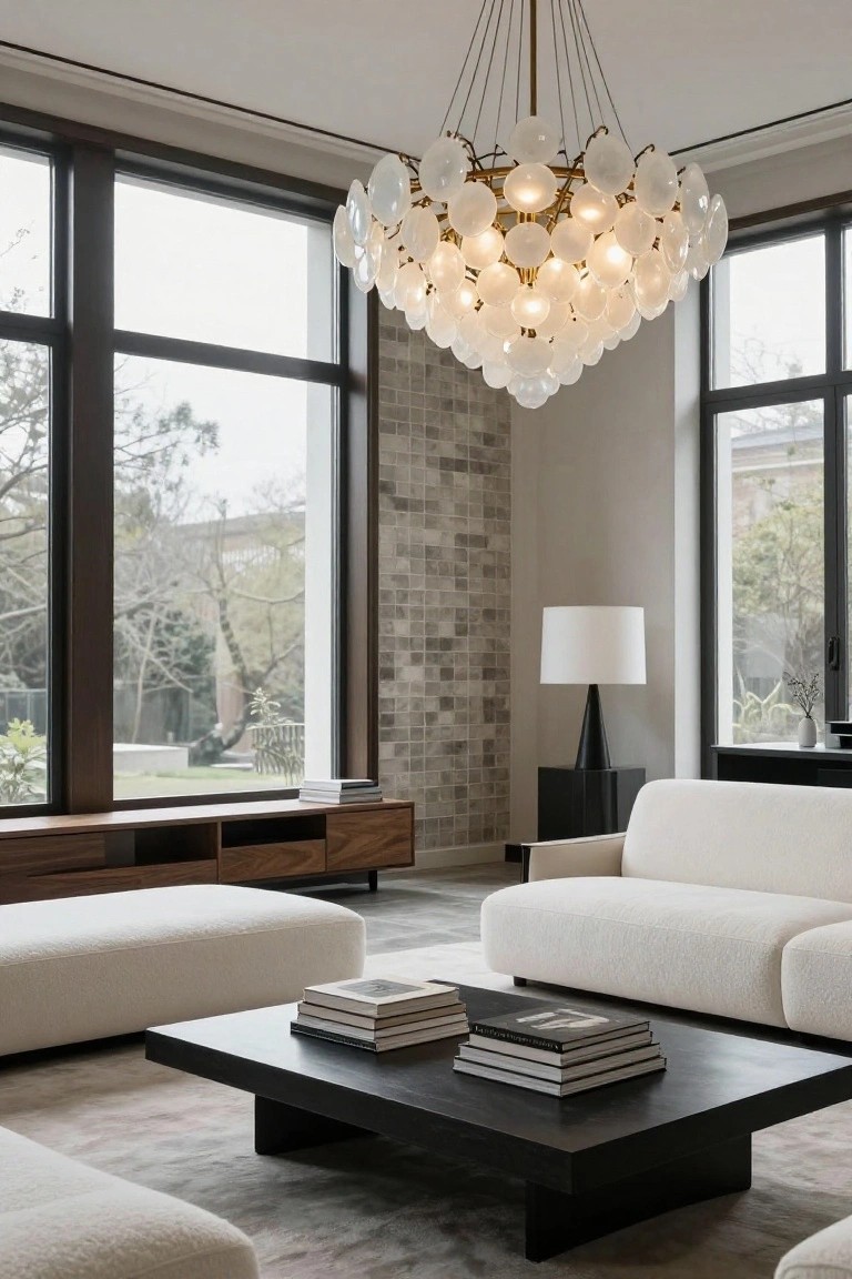 Modern living room corner featuring a large chandelier with white glass bubble orbs over white bouclé sofas, a black rectangular coffee table with stacked books, walnut media cabinet, floor lamp on black base, and large windows with garden view.