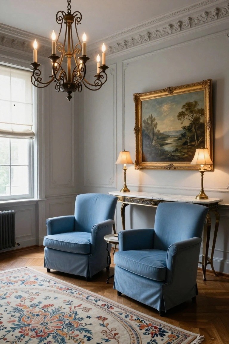 Light gray paneled sitting room featuring a brass multi-arm candle chandelier, two blue upholstered armchairs, a gilded landscape painting above a marble console table with matching lamps, next to a window and radiator.