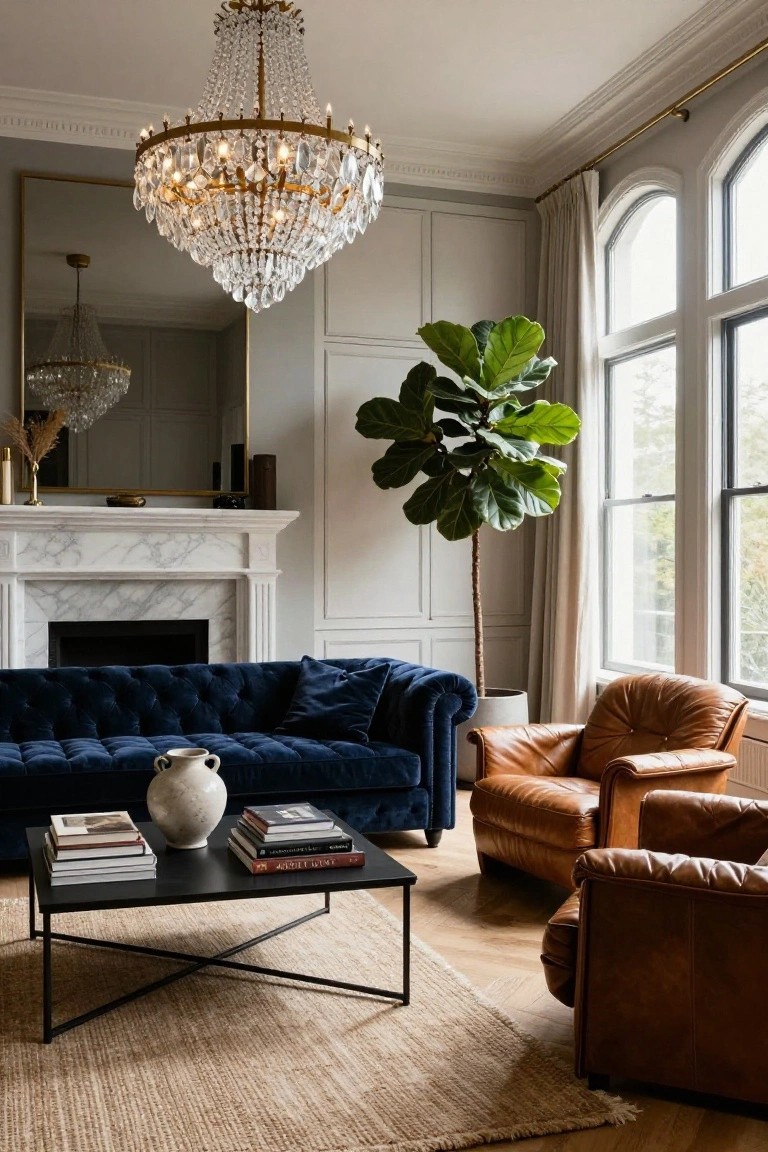 Living room interior with a large gold-framed crystal chandelier hanging over a black metal coffee table, navy velvet tufted sofa, two tan leather armchairs, marble fireplace, potted fiddle leaf fig plant, and tall arched windows with cream drapes.