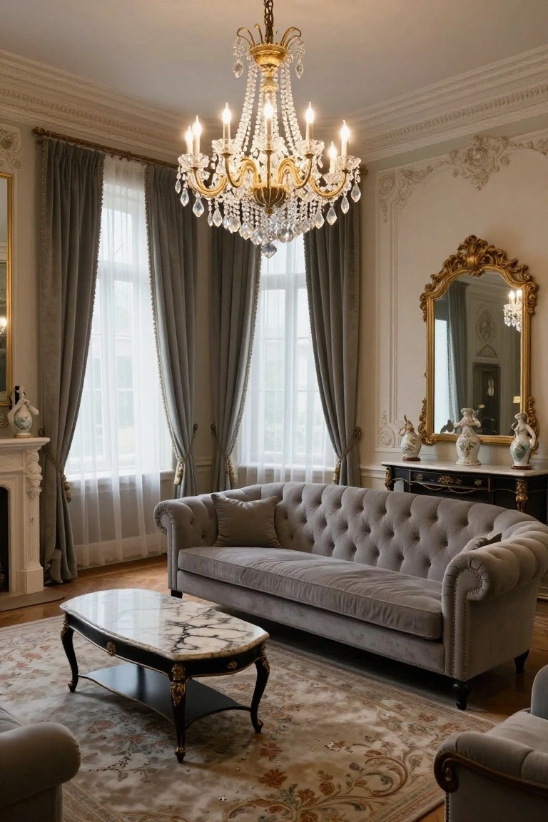 Luxury living room featuring a large gold crystal chandelier above a gray velvet tufted sofa, marble coffee table, white fireplace, gilded mirror, porcelain vases, and tall windows with gray drapes.