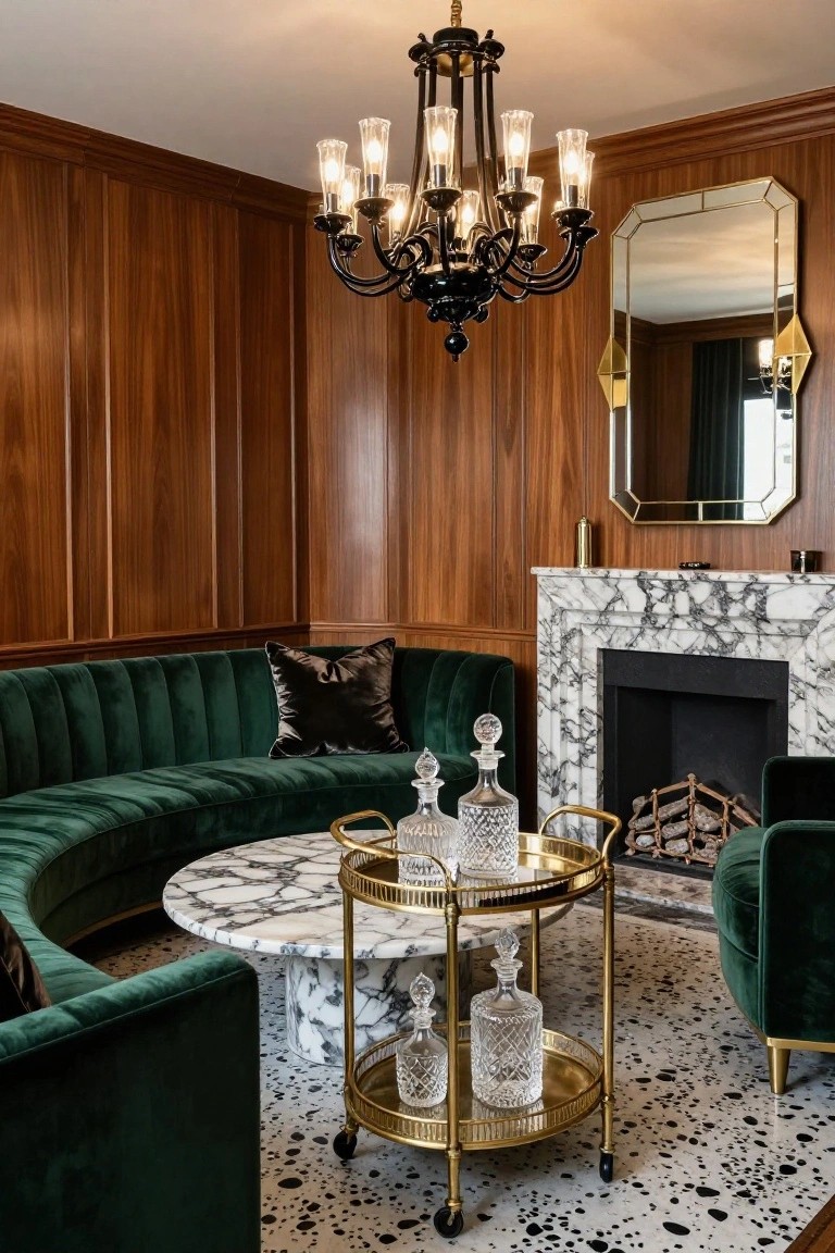 Wood-paneled living room with black wrought-iron chandelier, curved green velvet sofa, marble coffee table and fireplace, gold bar cart with decanters, and spotted floor.