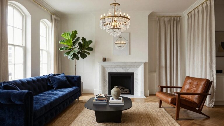 Living room interior with a large gold-framed crystal chandelier hanging over a black metal coffee table, navy velvet tufted sofa, two tan leather armchairs, marble fireplace, potted fiddle leaf fig plant, and tall arched windows with cream drapes.