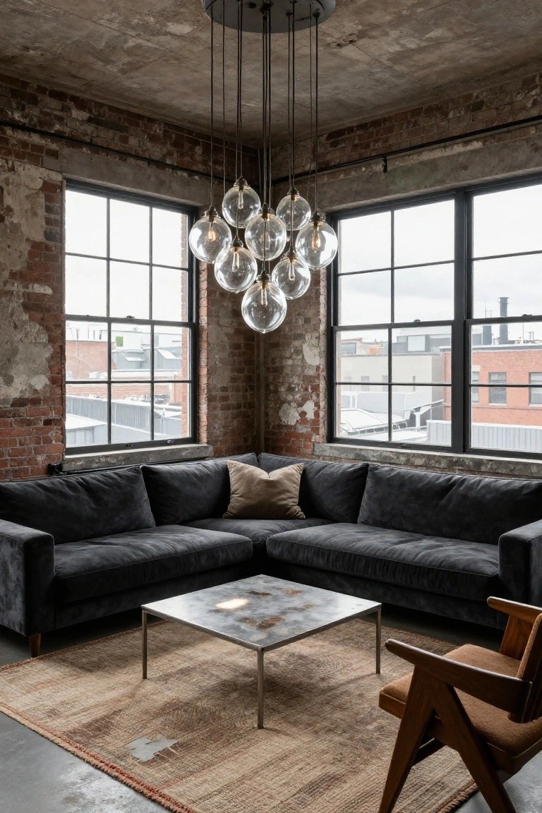Corner of an industrial loft living room featuring exposed brick walls, concrete ceiling, large black-framed windows, black velvet L-shaped sofa, low metal coffee table, wooden chair with angled legs, beige rug on concrete floor, and a chandelier with multiple hanging glass orb lights.