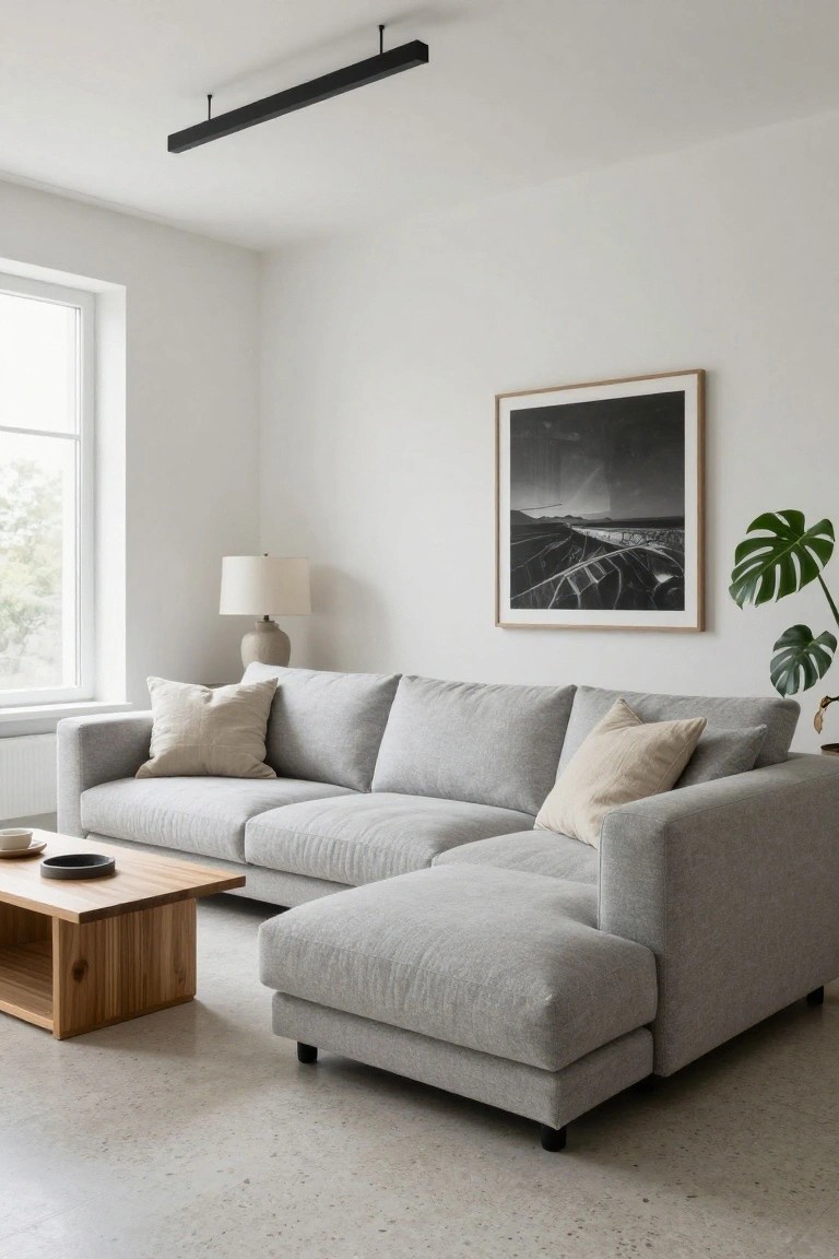 Modern minimalist living room with gray L-shaped sofa, low wooden coffee table, monstera plant in corner, large framed black-and-white landscape photo on wall, ceramic table lamp, and black linear pendant light fixture on ceiling, white walls, large window, and polished concrete floor.